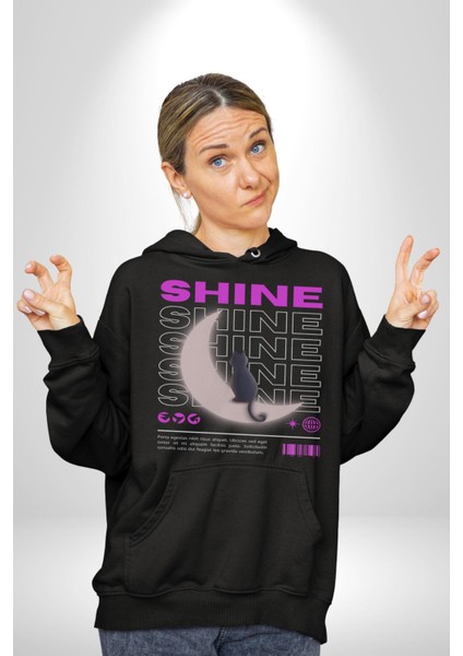 Parlayan Siyah Kedi Kadın Erkek Siyah Kapüşonlu Sweatshirt Hoodie