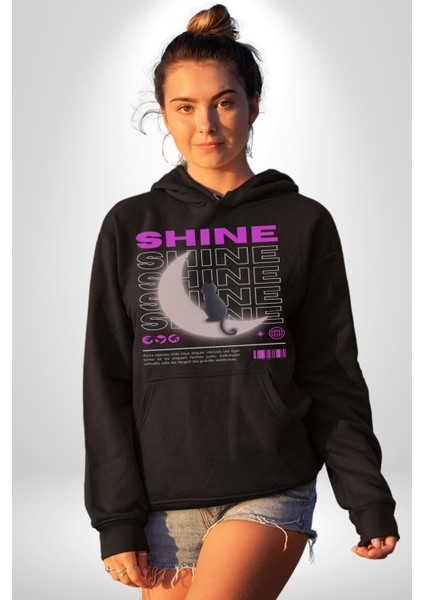 Parlayan Siyah Kedi Kadın Erkek Siyah Kapüşonlu Sweatshirt Hoodie