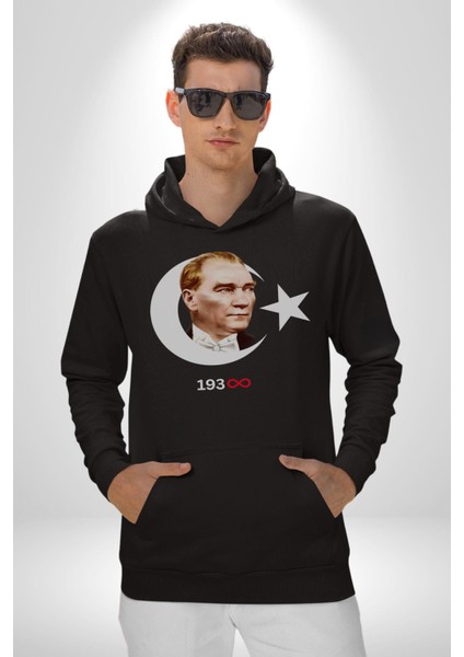Atatürk Türk Bayrağı Sonsuzluk Kadın Erkek Siyah Kapüşonlu Sweatshirt Hoodie