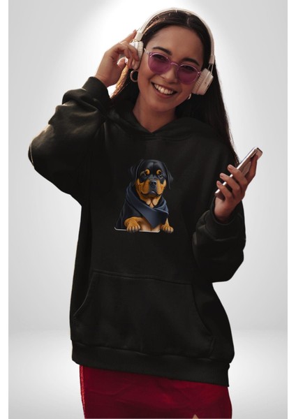 Puppy Köpek Rottweiler Kadın Erkek Siyah Kapüşonlu Sweatshirt Hoodie