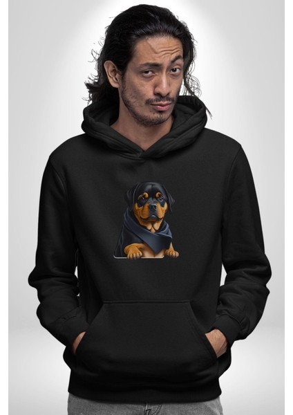 Puppy Köpek Rottweiler Kadın Erkek Siyah Kapüşonlu Sweatshirt Hoodie