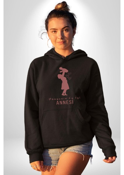 Anneler Günü Dünyanın En Iyi Annesi Kadın Erkek Siyah Kapüşonlu Sweatshirt Hoodie