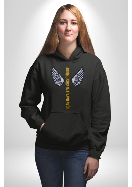 Uçan Hayaller Gökyüzünde Melek Kanatları Kadın Erkek Siyah Kapüşonlu Sweatshirt Hoodie fırsatları