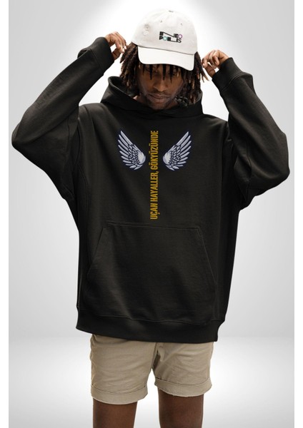 Uçan Hayaller Gökyüzünde Melek Kanatları Kadın Erkek Siyah Kapüşonlu Sweatshirt Hoodie indirimleri