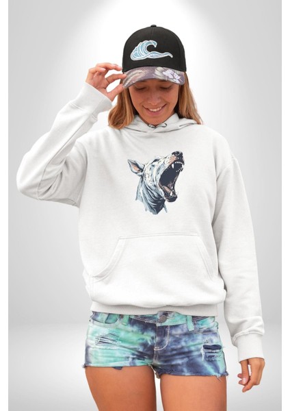 Bull Terier Köpek Havlama Kadın Erkek Beyaz Kapüşonlu Sweatshirt Hoodie