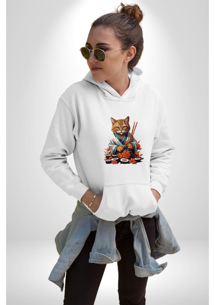 Suşi Balık Çiçek Japon Kedi Kadın Erkek Beyaz Kapüşonlu Sweatshirt Hoodie