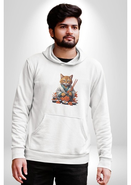 Suşi Balık Çiçek Japon Kedi Kadın Erkek Beyaz Kapüşonlu Sweatshirt Hoodie fiyatları