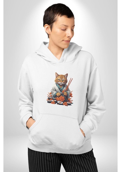 Suşi Balık Çiçek Japon Kedi Kadın Erkek Beyaz Kapüşonlu Sweatshirt Hoodie modelleri