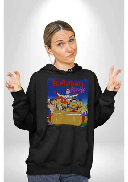 The Flintstones Taş Devri Kadın Erkek  Siyah Kapüşonlu Sweatshirt Hoodie