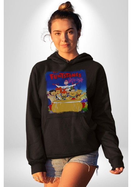 The Flintstones Taş Devri Kadın Erkek  Siyah Kapüşonlu Sweatshirt Hoodie