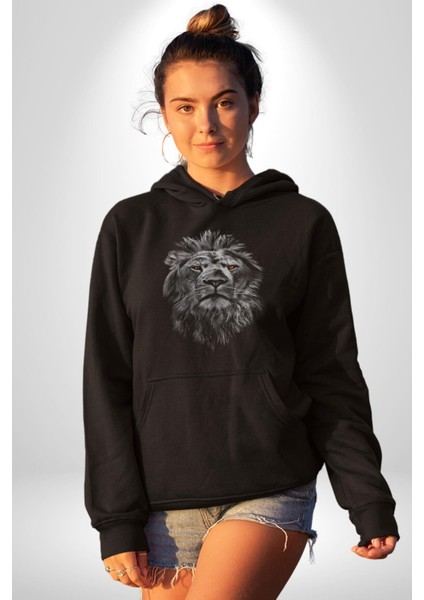 Aslan Karizma Sert Bakış Kadın Erkek Siyah Kapüşonlu Sweatshirt Hoodie modelleri