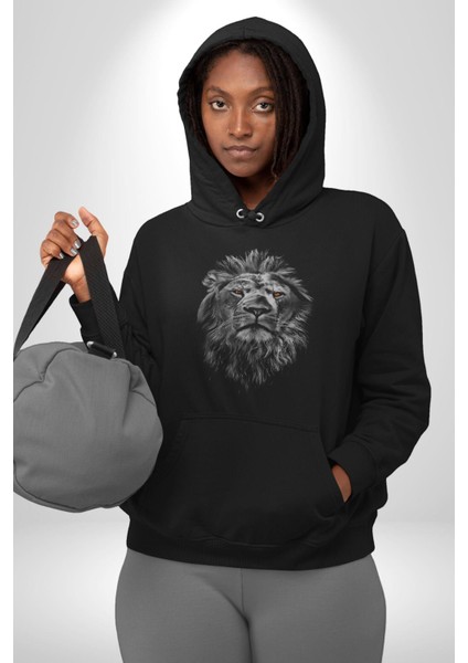 Aslan Karizma Sert Bakış Kadın Erkek Siyah Kapüşonlu Sweatshirt Hoodie indirimleri