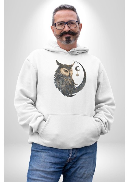 Ay Yıldız Bakır Renk Baykuş Kadın Erkek Beyaz Kapüşonlu Sweatshirt Hoodie fırsatları