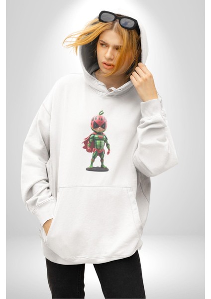 Süper Karpuz Adam Kadın Erkek Beyaz Kapüşonlu Sweatshirt Hoodie