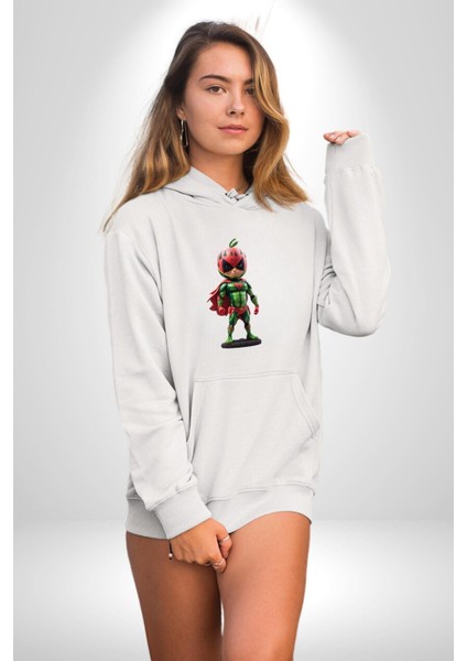 Süper Karpuz Adam Kadın Erkek Beyaz Kapüşonlu Sweatshirt Hoodie