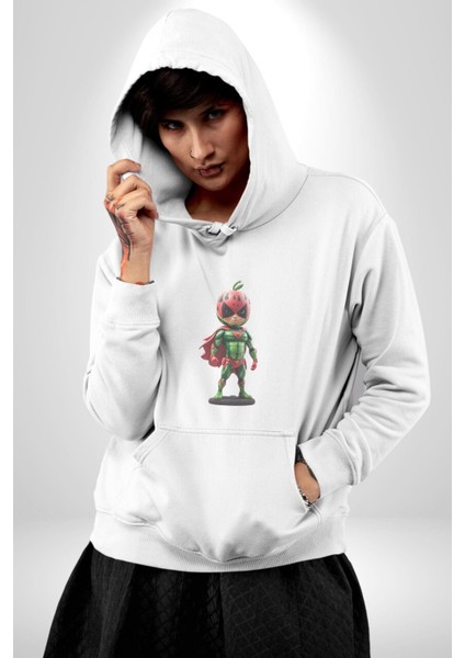 Süper Karpuz Adam Kadın Erkek Beyaz Kapüşonlu Sweatshirt Hoodie