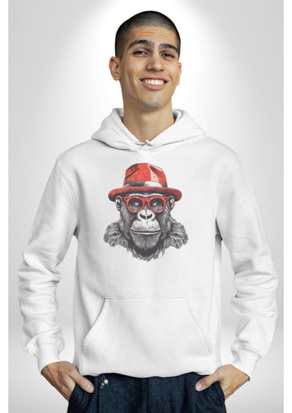 Kırmızı Şapkalı Gözlüklü Maymun Kadın Erkek Beyaz Kapüşonlu Sweatshirt Hoodie