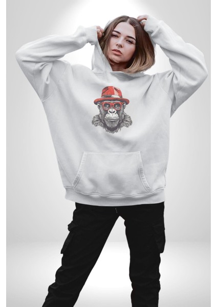 Kırmızı Şapkalı Gözlüklü Maymun Kadın Erkek Beyaz Kapüşonlu Sweatshirt Hoodie modelleri