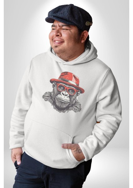 Kırmızı Şapkalı Gözlüklü Maymun Kadın Erkek Beyaz Kapüşonlu Sweatshirt Hoodie fırsatları