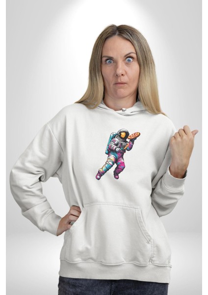 Pizza Servisi Uzay Kurye Kadın Erkek Beyaz Kapüşonlu Sweatshirt Hoodie