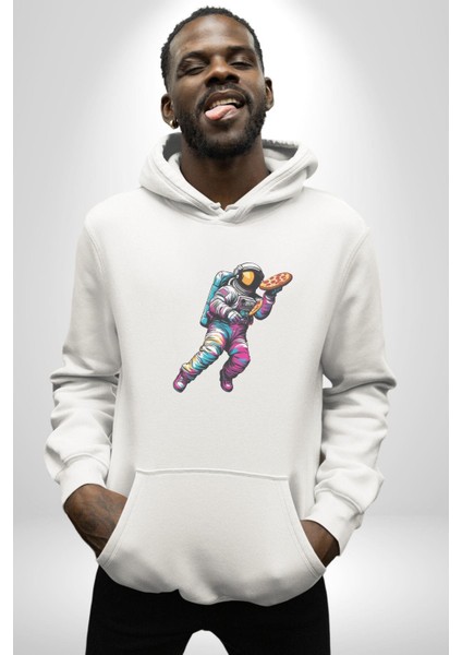 Pizza Servisi Uzay Kurye Kadın Erkek Beyaz Kapüşonlu Sweatshirt Hoodie