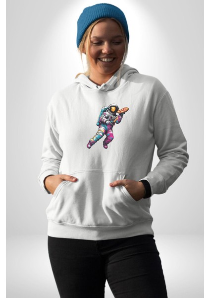 Pizza Servisi Uzay Kurye Kadın Erkek Beyaz Kapüşonlu Sweatshirt Hoodie