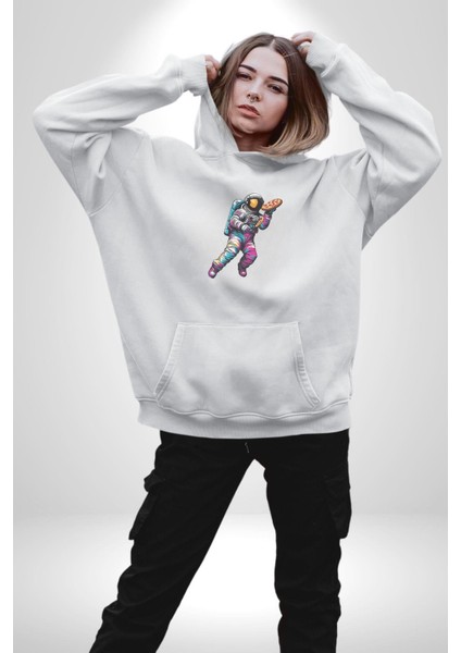 Pizza Servisi Uzay Kurye Kadın Erkek Beyaz Kapüşonlu Sweatshirt Hoodie