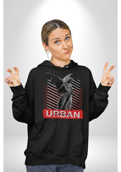 Şehir Sokak Stili Melek Heykeli Kadın Erkek Siyah Kapüşonlu Sweatshirt Hoodie
