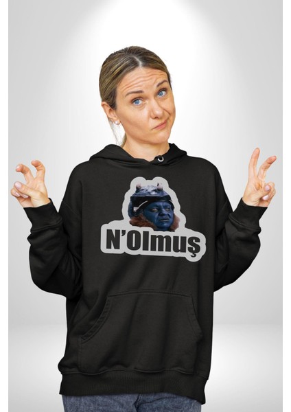 N Olmuş Yazılı Kadın Erkek Siyah Kapüşonlu Sweatshirt Hoodie