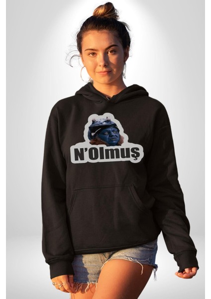 N Olmuş Yazılı Kadın Erkek Siyah Kapüşonlu Sweatshirt Hoodie