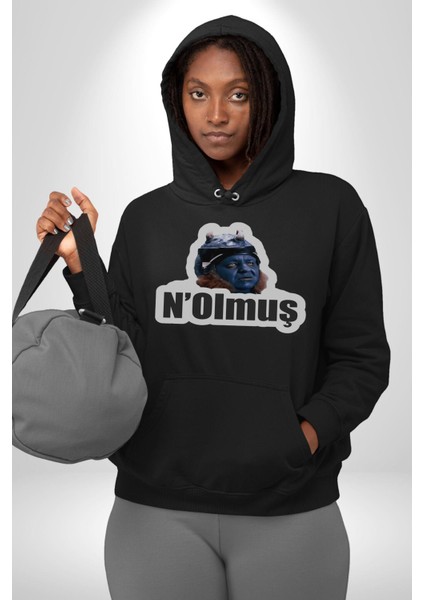 N Olmuş Yazılı Kadın Erkek Siyah Kapüşonlu Sweatshirt Hoodie