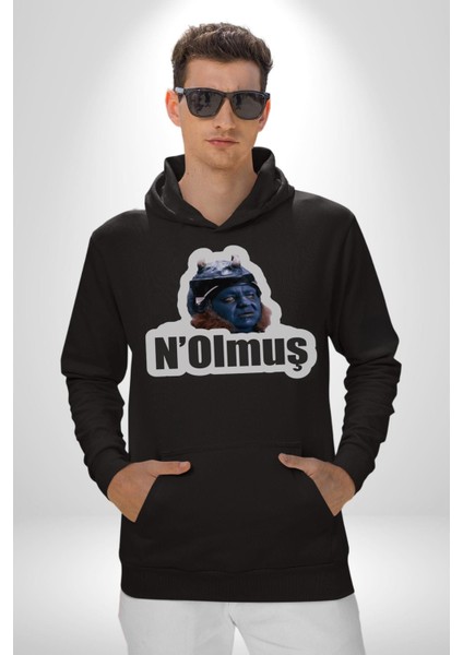 N Olmuş Yazılı Kadın Erkek Siyah Kapüşonlu Sweatshirt Hoodie