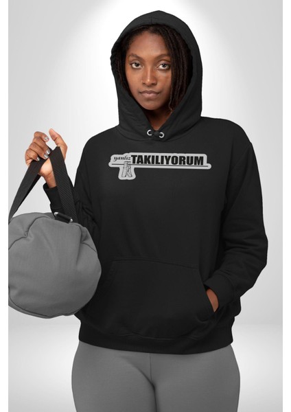 Yalnız Takılıyorum Yazılı Kadın Erkek Siyah Kapüşonlu Sweatshirt Hoodie