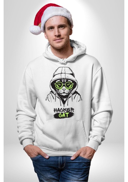 Hacker Kedi Bilgisayar Korsanı Yeşil Gözlük Kadın Erkek Beyaz Kapüşonlu Sweatshirt Hoodie fırsatları