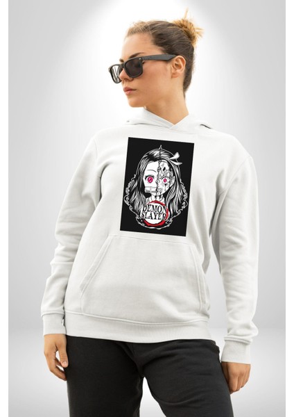 Anime Demon Slayer Kadın Erkek Beyaz Kapüşonlu Sweatshirt Hoodie