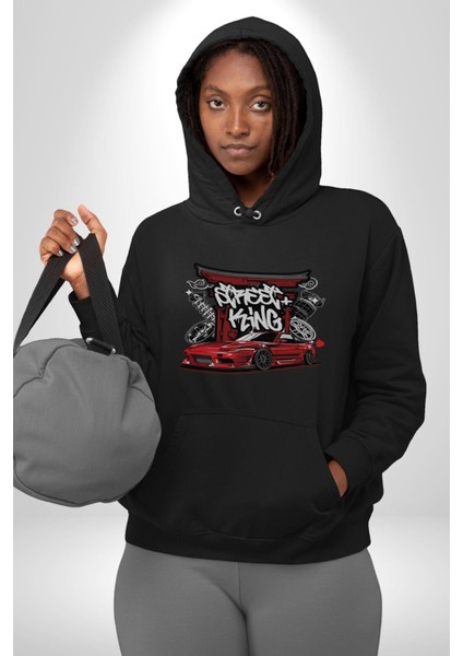 Japon Sokak Yarış Kralı  Kadın Erkek  Siyah Kapüşonlu Sweatshirt Hoodie