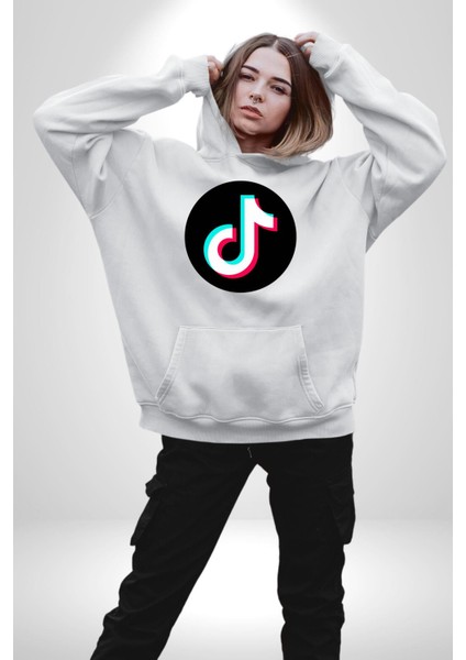 Tiktok Kadın Erkek  Beyaz Kapüşonlu Sweatshirt Hoodie