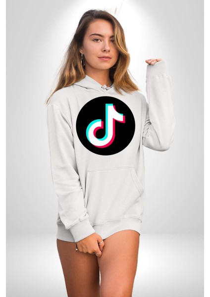 Tiktok Kadın Erkek  Beyaz Kapüşonlu Sweatshirt Hoodie