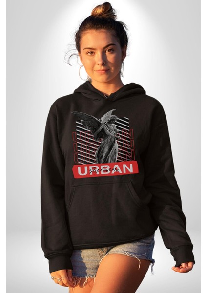 Şehir Sokak Stili Melek Heykeli Kadın Erkek Siyah Kapüşonlu Sweatshirt Hoodie