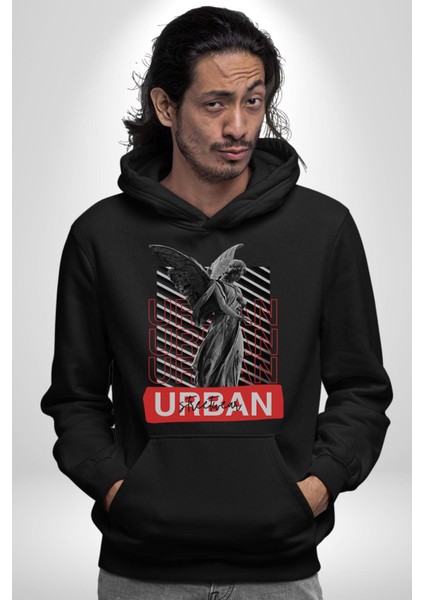 Şehir Sokak Stili Melek Heykeli Kadın Erkek Siyah Kapüşonlu Sweatshirt Hoodie