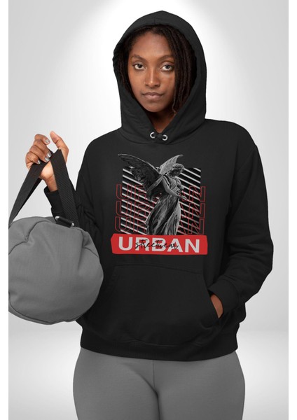 Şehir Sokak Stili Melek Heykeli Kadın Erkek Siyah Kapüşonlu Sweatshirt Hoodie