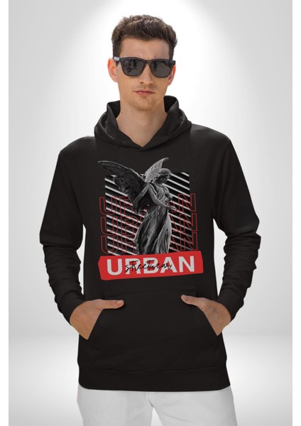 Şehir Sokak Stili Melek Heykeli Kadın Erkek Siyah Kapüşonlu Sweatshirt Hoodie