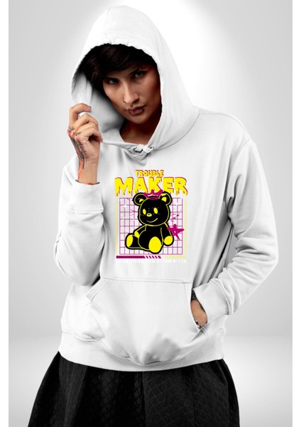 Baş Belası Teddy Kadın Erkek Beyaz Kapüşonlu Sweatshirt Hoodie