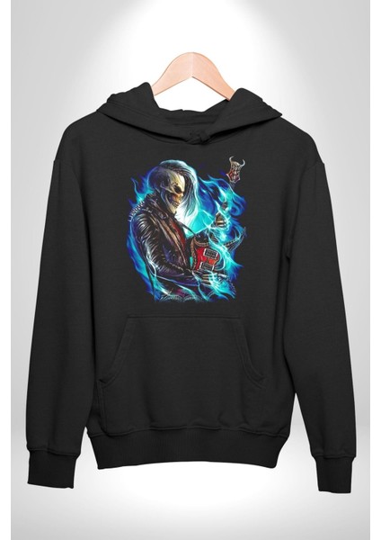 Elektro Gitar Iskelet Yapay Zeka Kadın Erkek Siyah Kapüşonlu Sweatshirt Hoodie