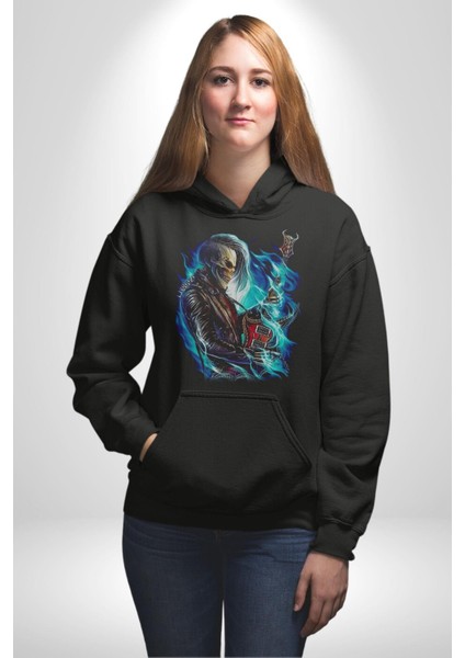 Elektro Gitar Iskelet Yapay Zeka Kadın Erkek Siyah Kapüşonlu Sweatshirt Hoodie