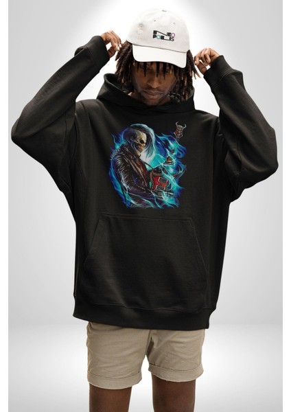Elektro Gitar Iskelet Yapay Zeka Kadın Erkek Siyah Kapüşonlu Sweatshirt Hoodie