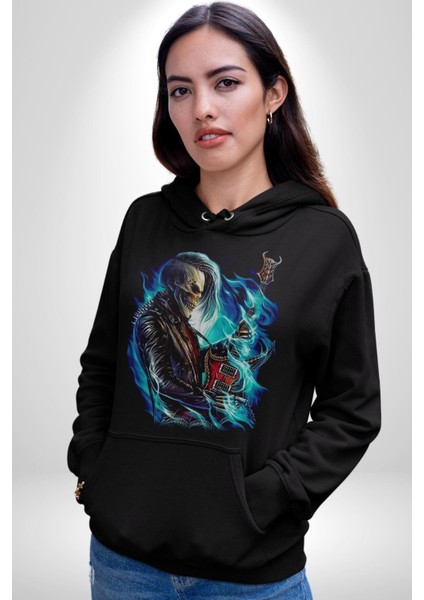 Elektro Gitar Iskelet Yapay Zeka Kadın Erkek Siyah Kapüşonlu Sweatshirt Hoodie
