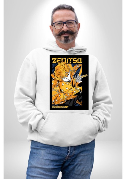 Zenitsu Agatsuma Anime Kadın Erkek Beyaz Kapüşonlu Sweatshirt Hoodie