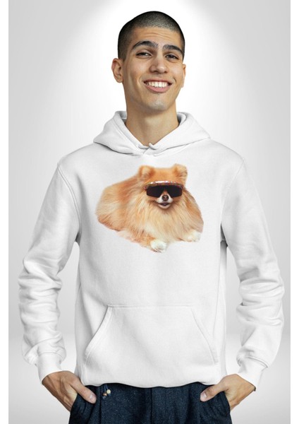 Pomernian Köpek Kadın Erkek Beyaz Kapüşonlu Sweatshirt Hoodie