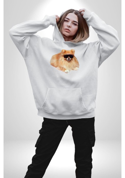 Pomernian Köpek Kadın Erkek Beyaz Kapüşonlu Sweatshirt Hoodie